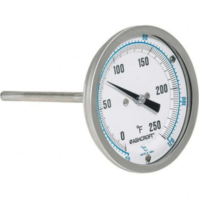 Ashcroft 6 Stem, 0 to 250 F Bi-Metal Thermometer Back Connected, 1% Accurate, 316 Stainless Steel 30EI60R060 – 31706203