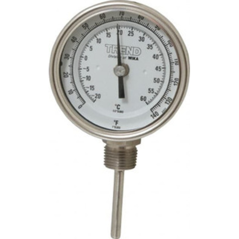WIKA 2-1/2 Stem, 0 to 140 F Bi-Metal Thermometer Bottom Connected, 1% Accurate, Stainless Steel 52914144 – 56430861