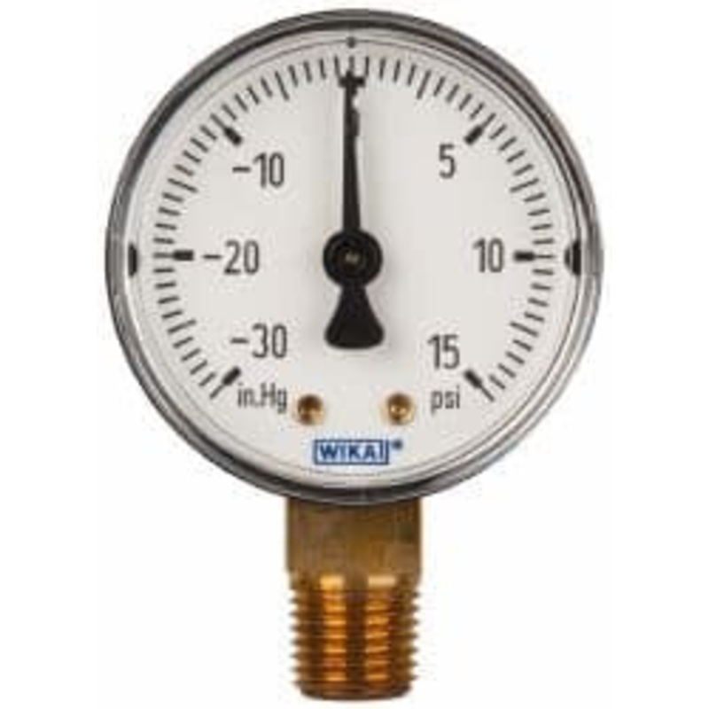 WIKA 2 Dial, 1/4 Thread, 30-0-15 Scale Range, Pressure Gauge Lower Connection Mount, Accurate to 3-2-3% of Scale 50786563 – 63146633