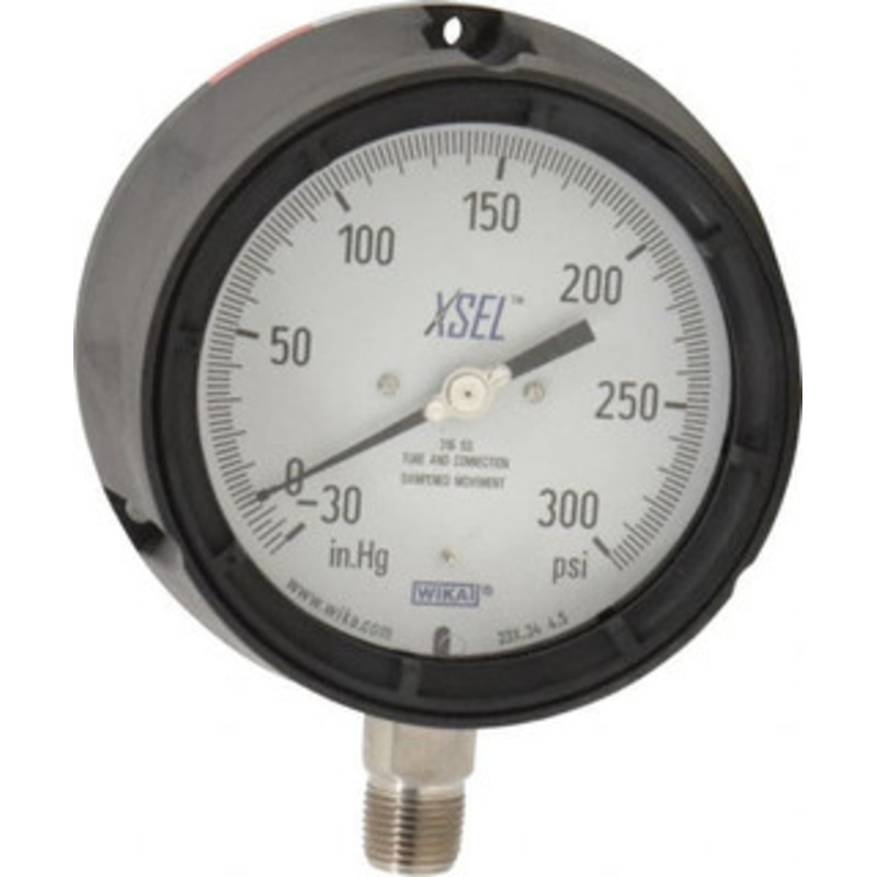 WIKA 4-1/2 Dial, 1/2 Thread, 30-0-300 Scale Range, Pressure Gauge Lower Connection Mount, Accurate to 0.5% of Scale 4282161 – 63151815