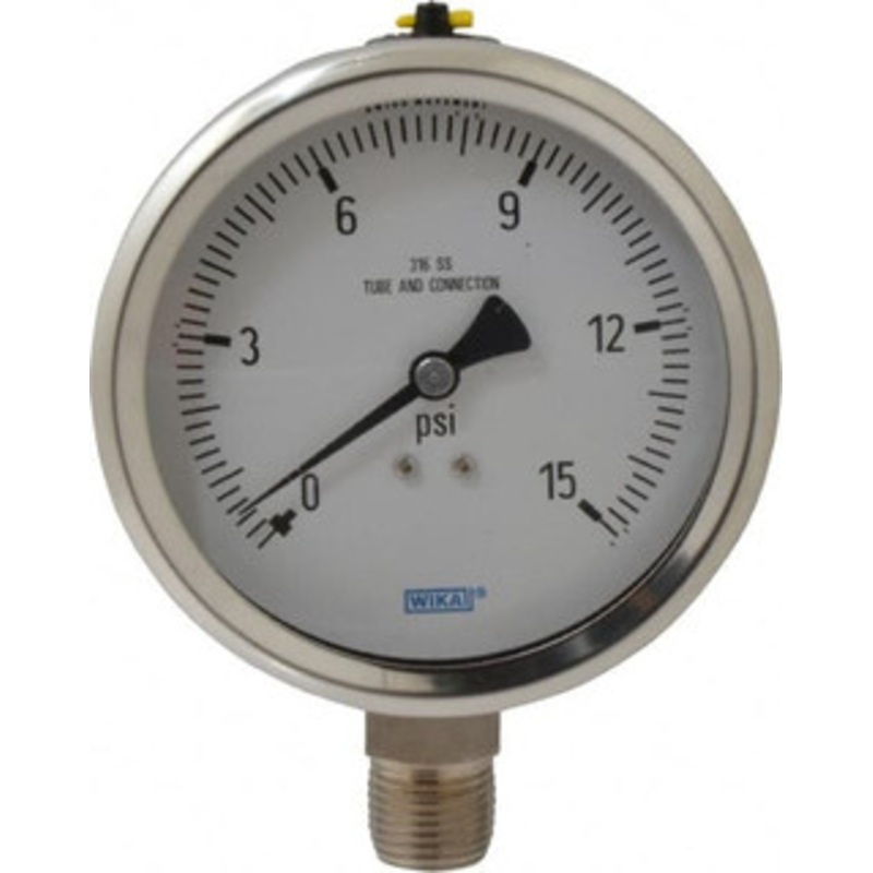 WIKA 4 Dial, 1/2 Thread, 0-15 Scale Range, Pressure Gauge Lower Connection Mount, Accurate to 1% of Scale 9768513 – 56452824