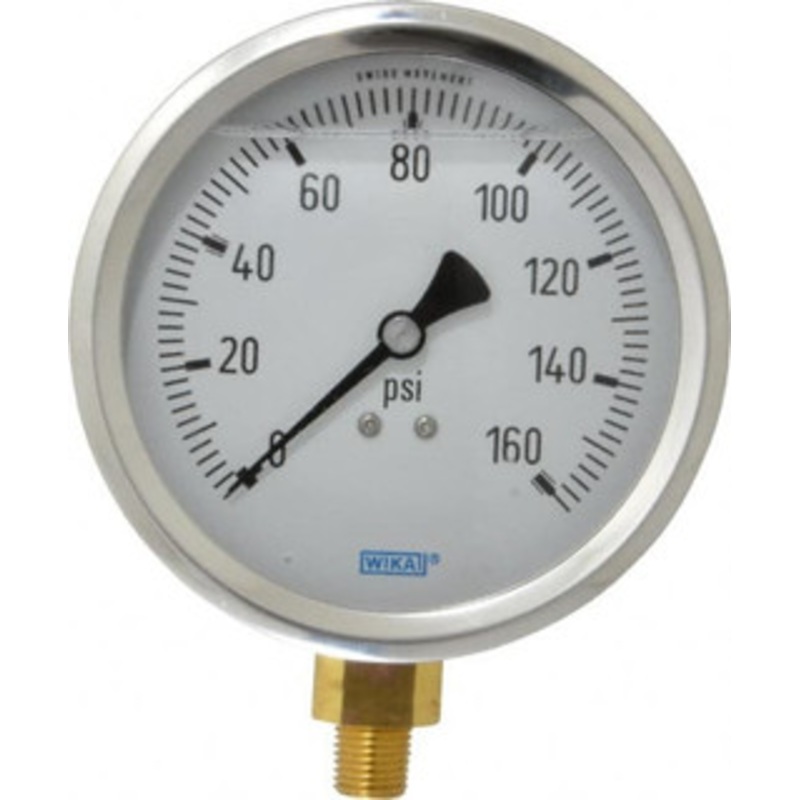 WIKA 4 Dial, 1/4 Thread, 0-160 Scale Range, Pressure Gauge Lower Connection Mount, Accurate to 1% of Scale 9699257 – 56454010
