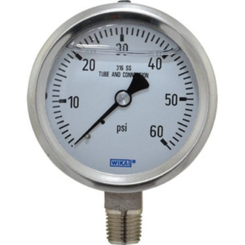 WIKA 2-1/2 Dial, 1/4 Thread, 0-60 Scale Range, Pressure Gauge Lower Connection Mount, Accurate to 1.5% of Scale 9833582 – 56454515