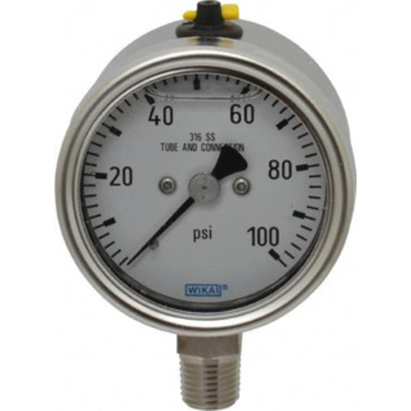 WIKA 2-1/2 Dial, 1/4 Thread, 100 Scale Range, Pressure Gauge Lower Connection Mount, Accurate to 2-1-2% of Scale 9251634 – 63151500