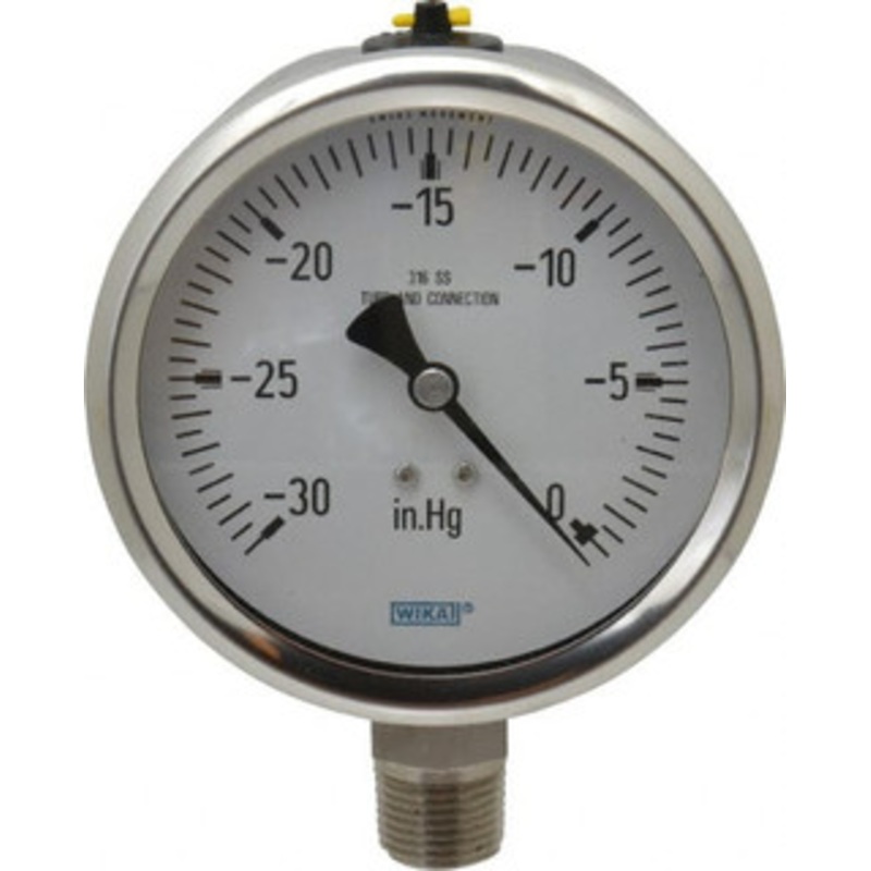 WIKA 4 Dial, 1/2 Thread, 30-0 Scale Range, Pressure Gauge Lower Connection Mount, Accurate to 1% of Scale 9768459 – 56452758