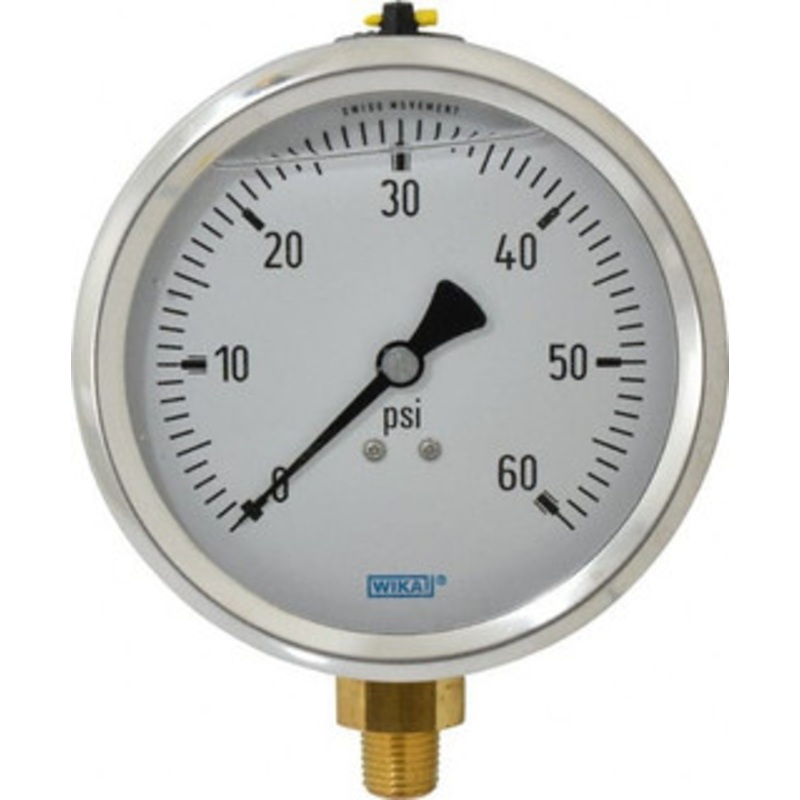 WIKA 4 Dial, 1/4 Thread, 0-60 Scale Range, Pressure Gauge Lower Connection Mount, Accurate to 1% of Scale 9699117 – 56453996