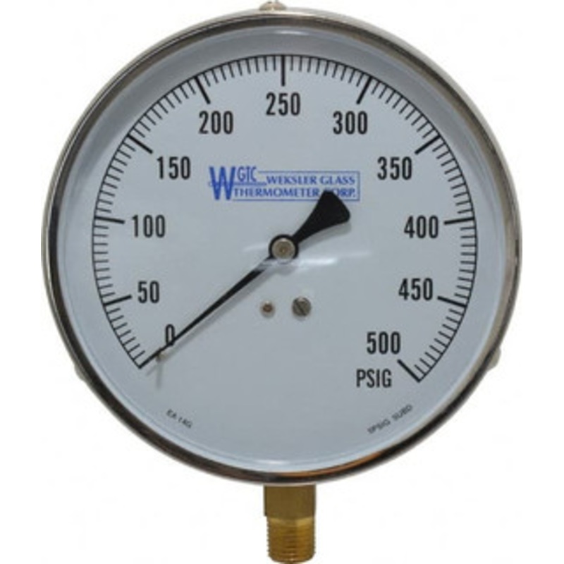 WGTC Weksler Glass Thermometer Corp. 4-1/2 Dial, 1/4 Thread, 0-500 Scale Range, Pressure Gauge Lower Connection Mount, Accurate to 1% of Scale EA14 G – 86494044