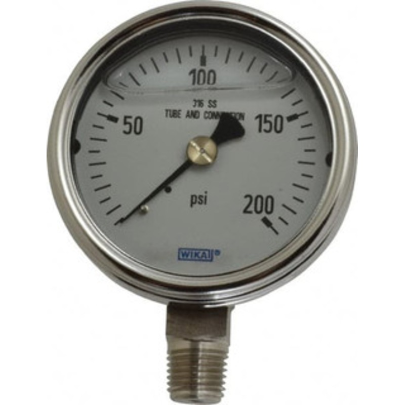 WIKA 2-1/2 Dial, 1/4 Thread, 0-200 Scale Range, Pressure Gauge Lower Connection Mount, Accurate to 2-1-2% of Scale 9831903 – 63148829