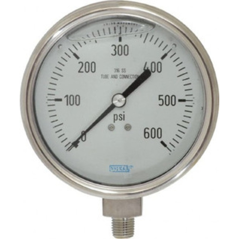 WIKA 4 Dial, 1/4 Thread, 0-600 Scale Range, Pressure Gauge Lower Connection Mount, Accurate to 1% of Scale 9832429 – 63149033