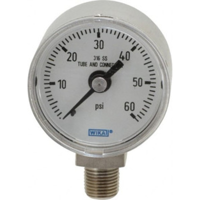 WIKA 1-1/2 Dial, 1/8 Thread, 0-60 Scale Range, Pressure Gauge Lower Connection Mount, Accurate to 2.5% of Scale 9117938 – 56451446
