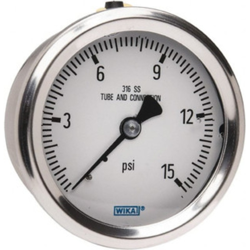 WIKA 2-1/2 Dial, 1/4 Thread, 0-15 Scale Range, Pressure Gauge Center Back Connection Mount, Accurate to 1.5% of Scale 9833272 – 56454747