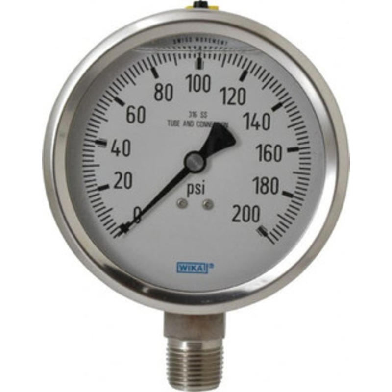 WIKA 4 Dial, 1/2 Thread, 0-200 Scale Range, Pressure Gauge Lower Connection Mount, Accurate to 1% of Scale 9833434 – 56455124