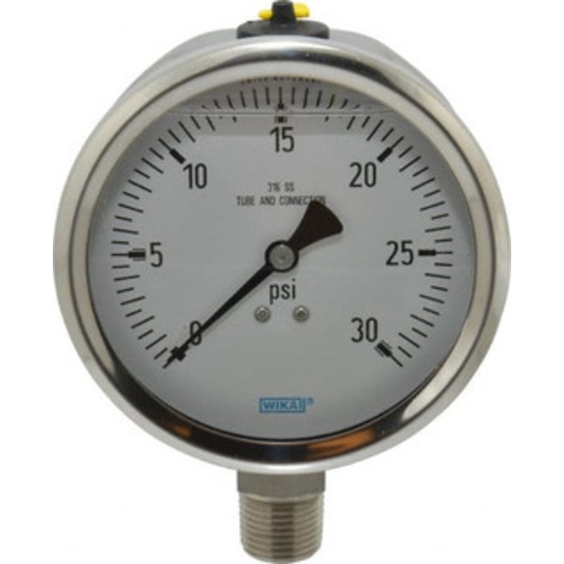WIKA 4 Dial, 1/2 Thread, 0-30 Scale Range, Pressure Gauge Lower Connection Mount, Accurate to 1% of Scale 9833395 – 56455082