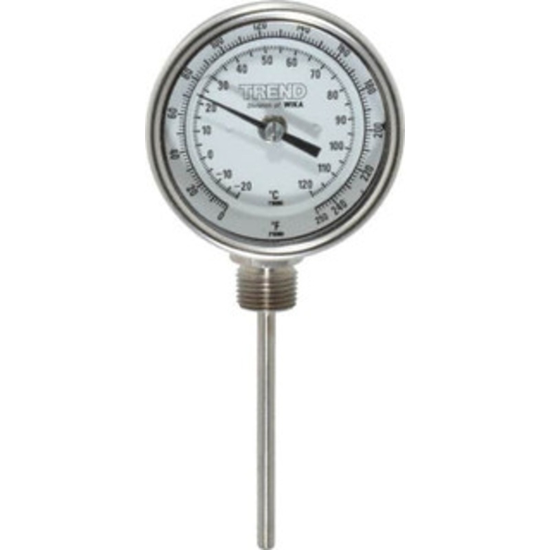WIKA 4 Stem, 0 to 250 F Bi-Metal Thermometer Bottom Connected, 1% Accurate, Stainless Steel 31040A006G4 – 56431000