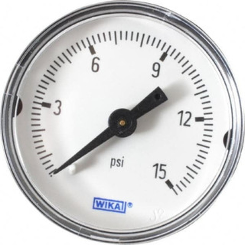 WIKA 1-1/2 Dial, 1/8 Thread, 0-15 Scale Range, Pressure Gauge Center Back Connection Mount, Accurate to 3-2-3% of Scale 9690209 – 40218224