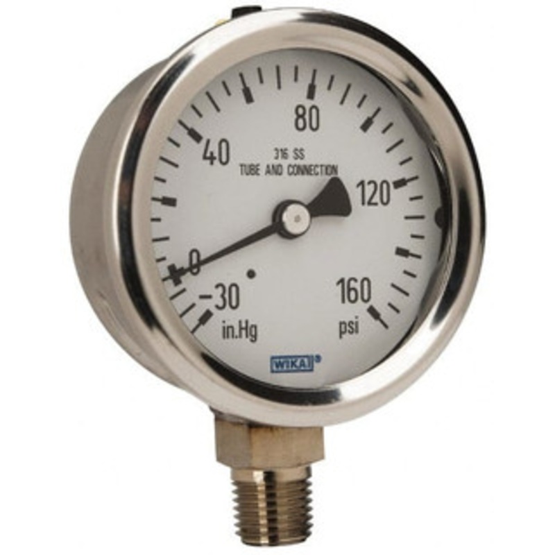 WIKA 2-1/2 Dial, 1/4 Thread, 30-0-160 Scale Range, Pressure Gauge Lower Connection Mount, Accurate to 1.5% of Scale 9768742 – 56452238