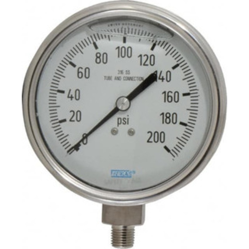 WIKA 4 Dial, 1/4 Thread, 0-200 Scale Range, Pressure Gauge Lower Connection Mount, Accurate to 1% of Scale 9832399 – 84889666