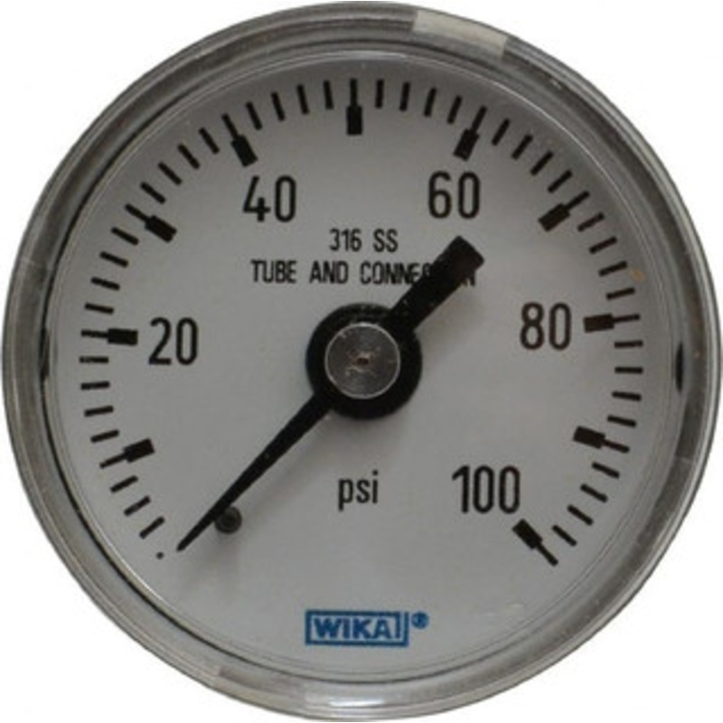WIKA 1-1/2 Dial, 1/8 Thread, 0-100 Scale Range, Pressure Gauge Center Back Connection Mount, Accurate to 2.5% of Scale 9118098 – 56451529