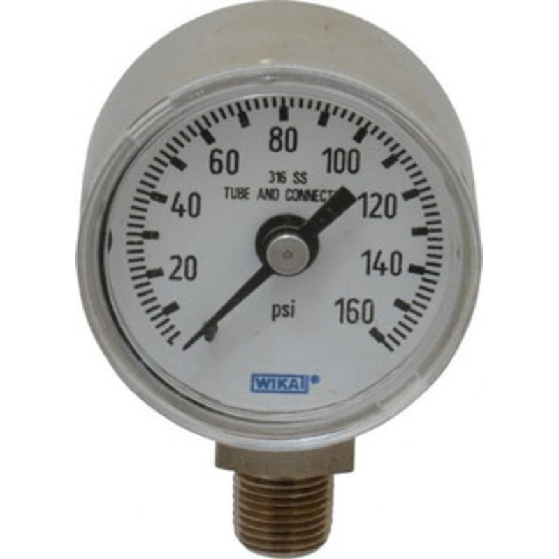 WIKA 1-1/2 Dial, 1/8 Thread, 0-160 Scale Range, Pressure Gauge Lower Connection Mount, Accurate to 2.5% of Scale 9117911 – 56451461