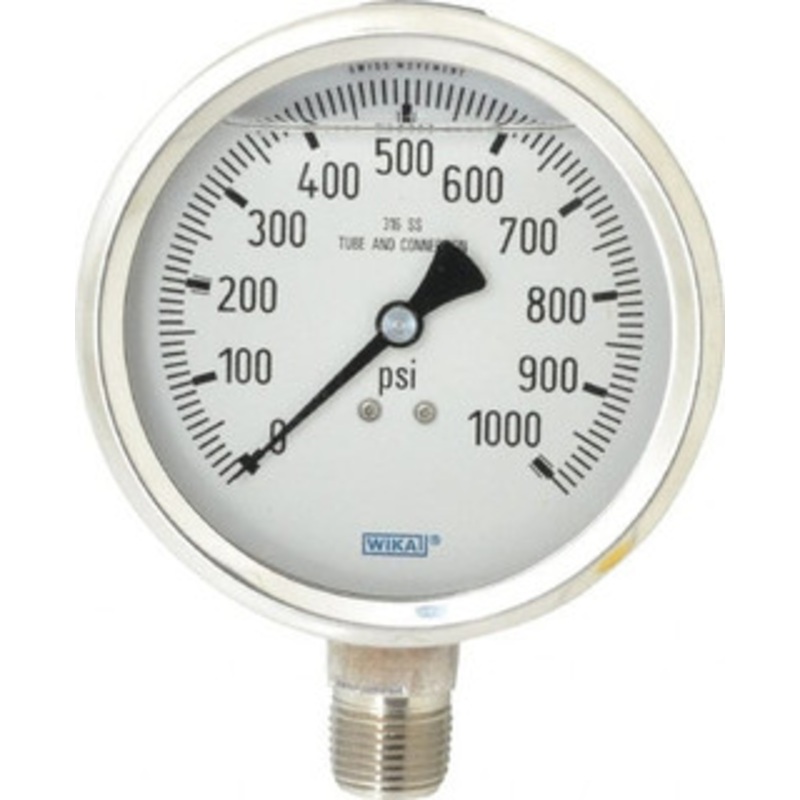WIKA 4 Dial, 1/2 Thread, 0-1,000 Scale Range, Pressure Gauge Lower Connection Mount, Accurate to 1% of Scale 9833697 – 56455165