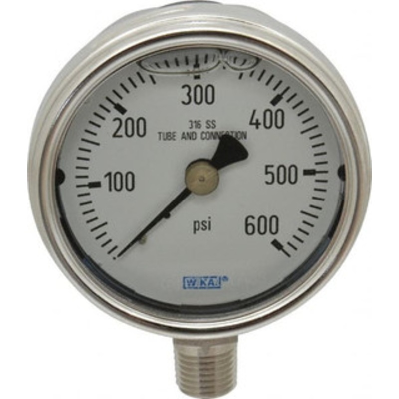 WIKA 2-1/2 Dial, 1/4 Thread, 0-600 Scale Range, Pressure Gauge Lower Connection Mount, Accurate to 2-1-2% of Scale 9831937 – 40194276