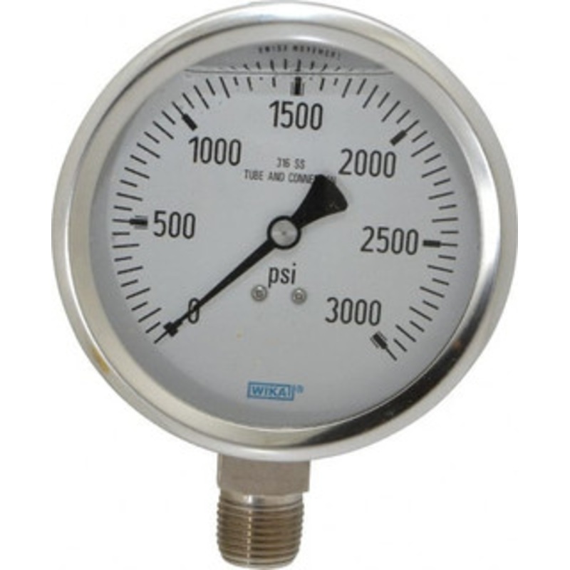 WIKA 4 Dial, 1/2 Thread, 0-3,000 Scale Range, Pressure Gauge Lower Connection Mount, Accurate to 1% of Scale 9833719 – 56455199