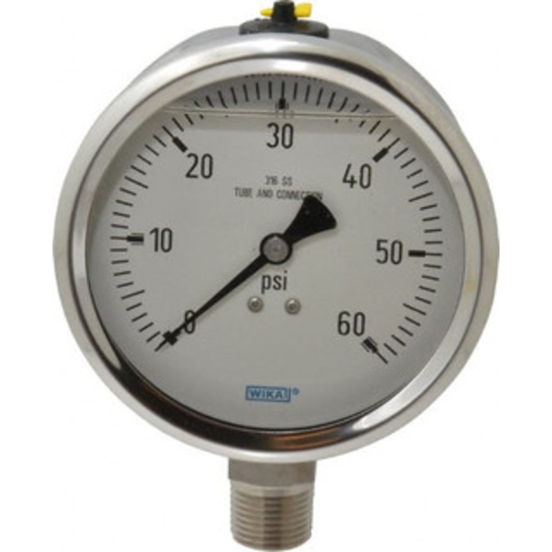 WIKA 4 Dial, 1/2 Thread, 0-60 Scale Range, Pressure Gauge Lower Connection Mount, Accurate to 1% of Scale 9833409 – 56455090