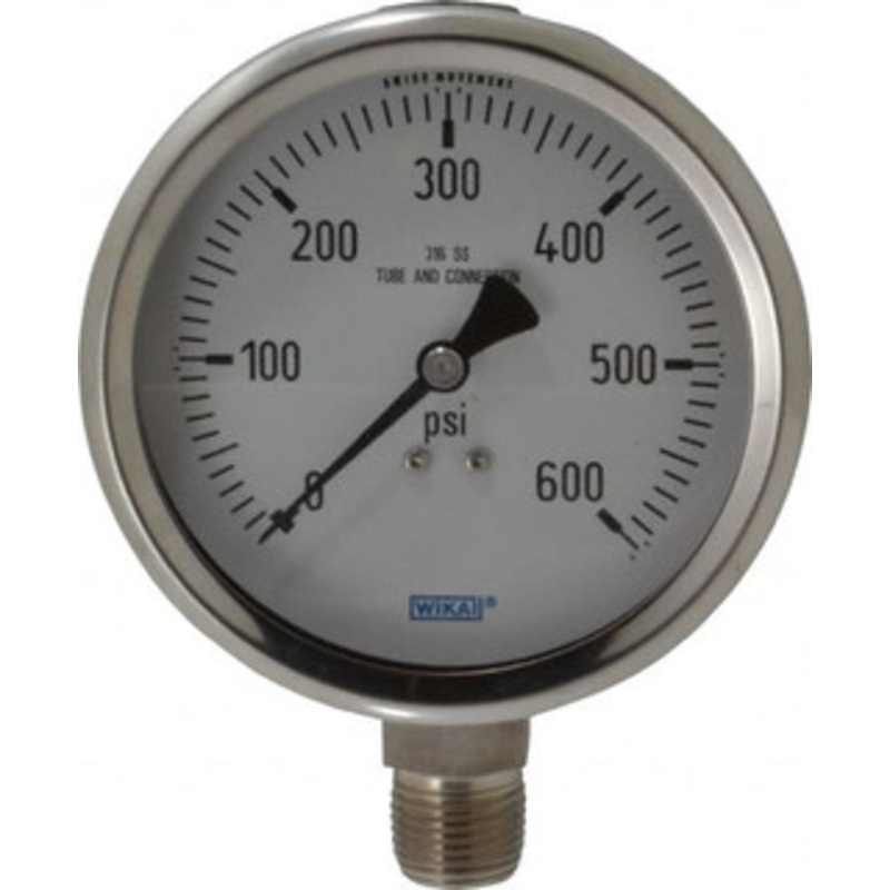 WIKA 4 Dial, 1/2 Thread, 0-600 Scale Range, Pressure Gauge Lower Connection Mount, Accurate to 1% of Scale 9768963 – 56452907