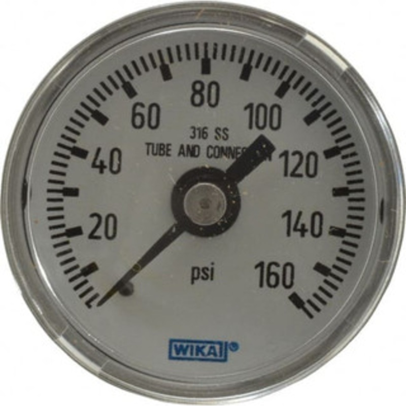 WIKA 1-1/2 Dial, 1/8 Thread, 0-160 Scale Range, Pressure Gauge Center Back Connection Mount, Accurate to 2.5% of Scale 9118080 – 56451537
