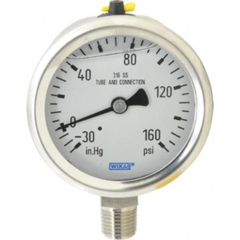 WIKA 2-1/2 Dial, 1/4 Thread, 30-0-160 Scale Range, Pressure Gauge Lower Connection Mount, Accurate to 1.5% of Scale 9833612 – 56454481