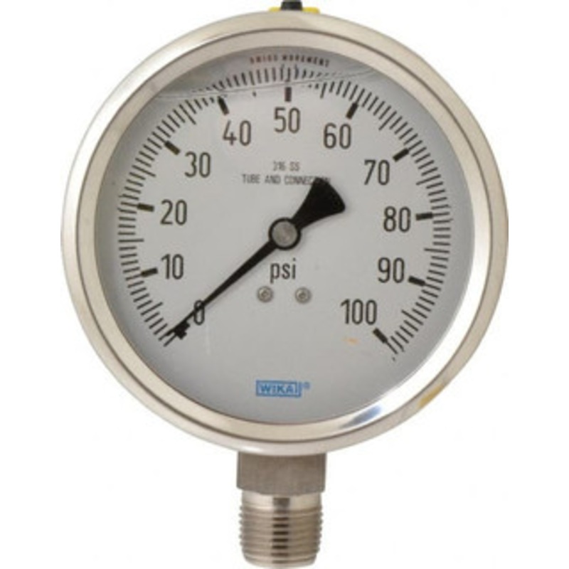 WIKA 4 Dial, 1/2 Thread, 0-100 Scale Range, Pressure Gauge Lower Connection Mount, Accurate to 1% of Scale 9833417 – 56455108