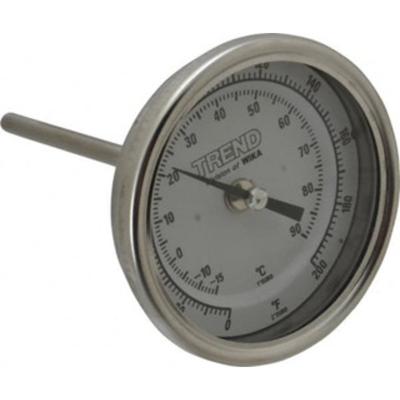 WIKA 4 Stem, 0 to 200F/-15 to 90C Bi-Metal Thermometer Back Connected, 1.0% Accuracy, Stainless Steel 52887549 – 56426588