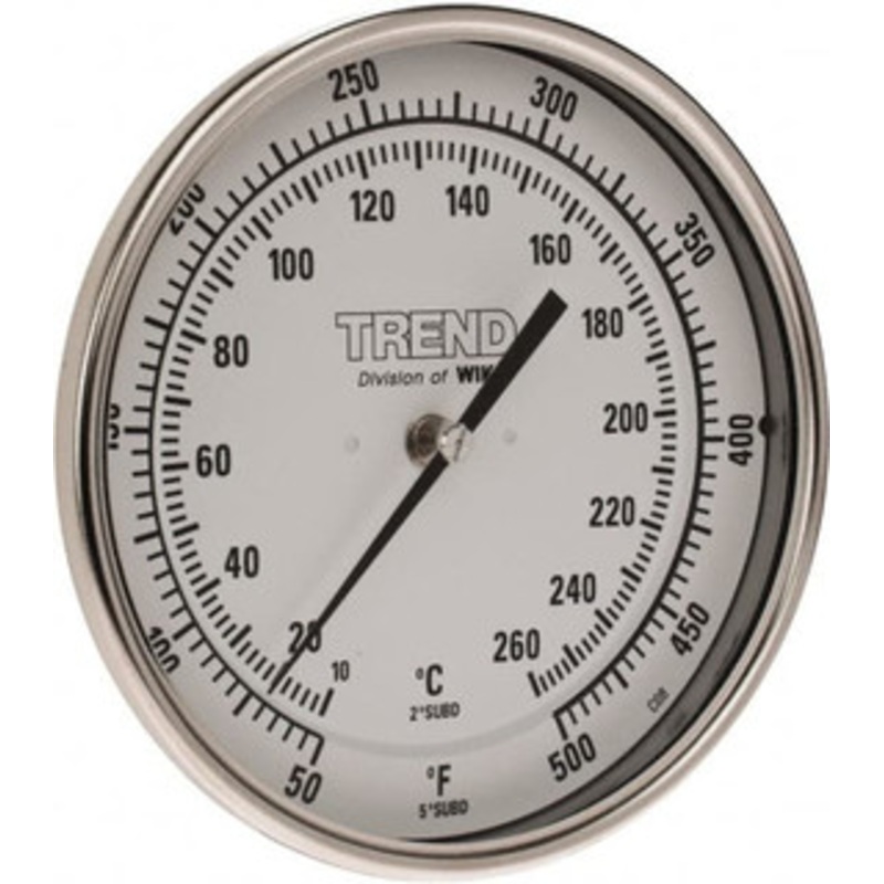 WIKA 9 Stem, 50 to 500 F Bi-Metal Thermometer Back Connected, 1% Accurate, Stainless Steel 50090A010G4 – 56429236
