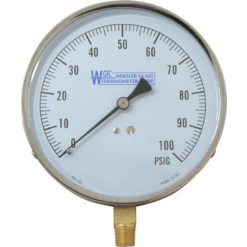 WGTC Weksler Glass Thermometer Corp. 4-1/2 Dial, 1/4 Thread, 0-100 Scale Range, Pressure Gauge Lower Connection Mount, Accurate to 1% of Scale EA14 C – 86494002