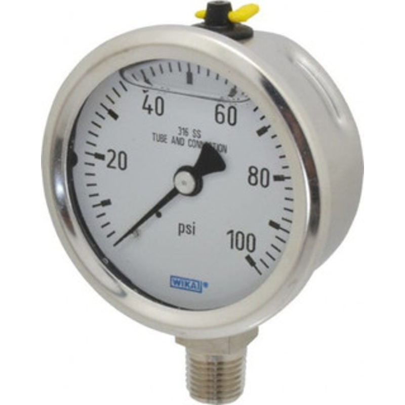 WIKA 2-1/2 Dial, 1/4 Thread, 0-100 Scale Range, Pressure Gauge Lower Connection Mount, Accurate to 1.5% of Scale 9833574 – 56454523