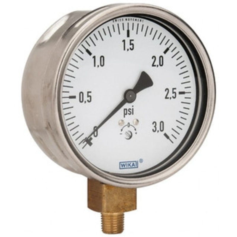 WIKA 4 Dial, 1/4 Thread, 0-3 Scale Range, Pressure Gauge Lower Connection Mount, Accurate to 1.5% of Scale 9747783 – 56459563