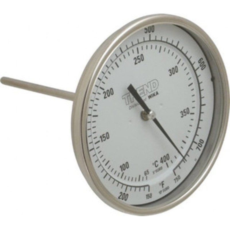 WIKA 6 Stem, 150 to 750 F Bi-Metal Thermometer Back Connected, 1% Accurate, Stainless Steel 50060A011G4 – 56429129