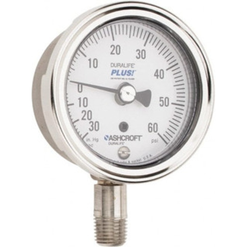 Ashcroft 2-1/2 Dial, 1/4 Thread, 30-0-60 Scale Range, Pressure Gauge Lower Connection Mount, Accurate to 1% of Scale 95086XLL – 75011981