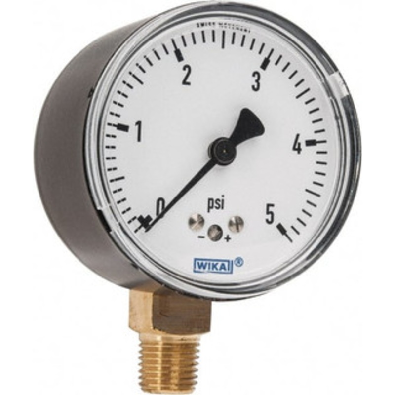 WIKA 2-1/2 Dial, 1/4 Thread, 0-5 Scale Range, Pressure Gauge Lower Connection Mount, Accurate to 1.5% of Scale 9851933 – 56459142