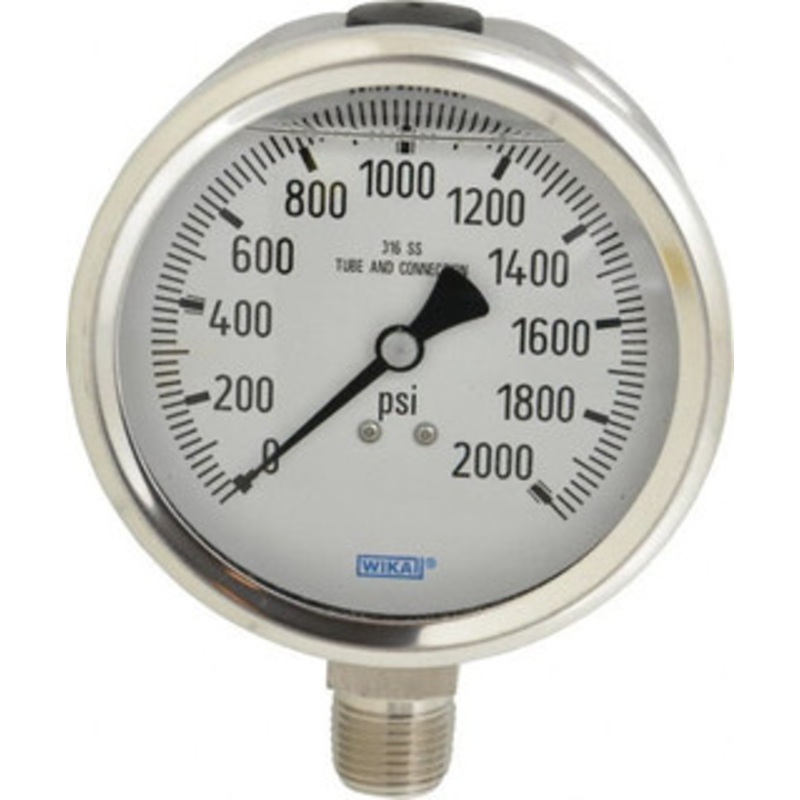 WIKA 4 Dial, 1/2 Thread, 0-2,000 Scale Range, Pressure Gauge Lower Connection Mount, Accurate to 1% of Scale 9833655 – 56455181