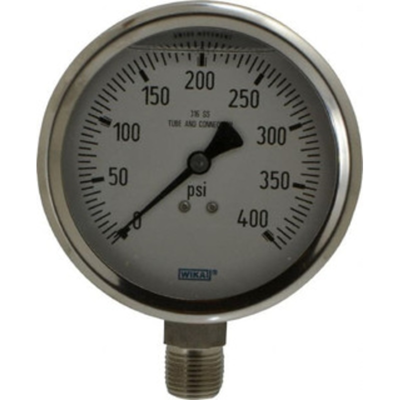WIKA 4 Dial, 1/2 Thread, 0-400 Scale Range, Pressure Gauge Lower Connection Mount, Accurate to 1% of Scale 9833450 – 56455140