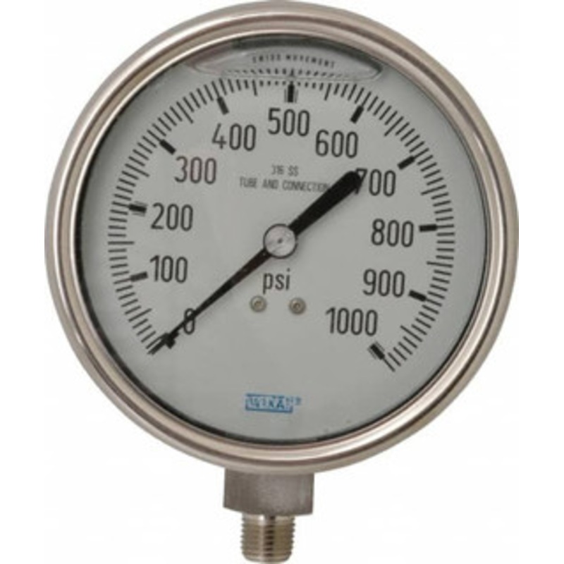 WIKA 4 Dial, 1/4 Thread, 0-1,000 Scale Range, Pressure Gauge Lower Connection Mount, Accurate to 1% of Scale 9832445 – 94461027