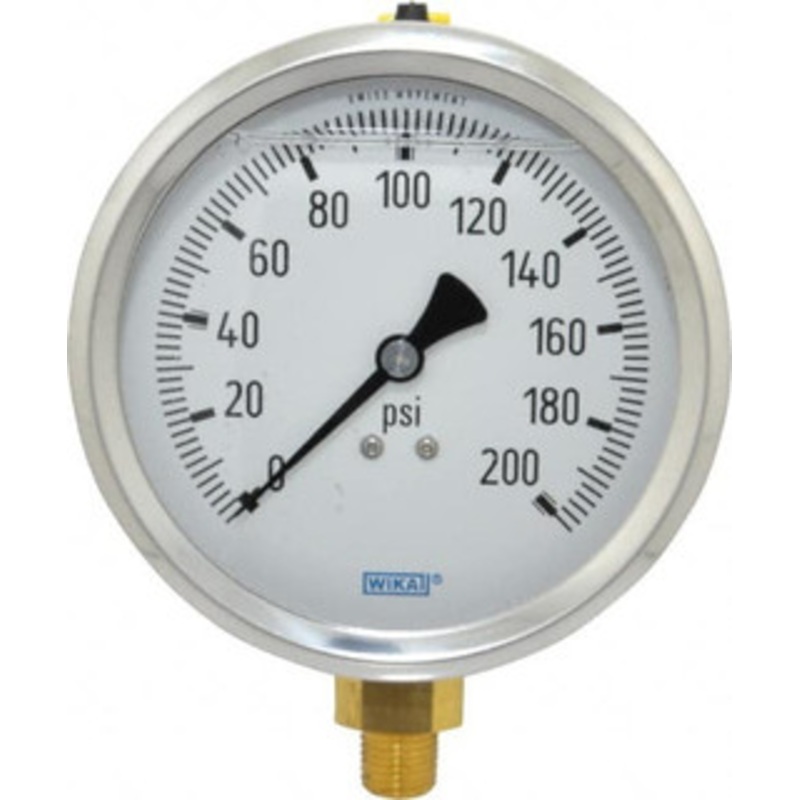 WIKA 4 Dial, 1/4 Thread, 0-200 Scale Range, Pressure Gauge Lower Connection Mount, Accurate to 1% of Scale 9699134 – 56454028