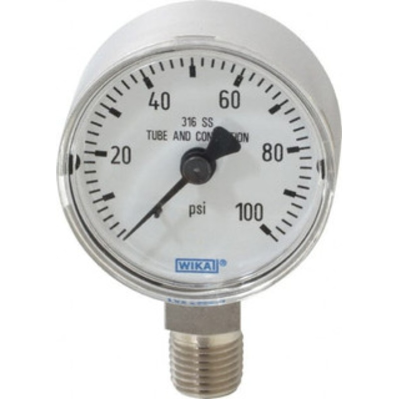 WIKA 2 Dial, 1/4 Thread, 0-100 Scale Range, Pressure Gauge Lower Connection Mount, Accurate to 2.5% of Scale 9118012 – 56451867