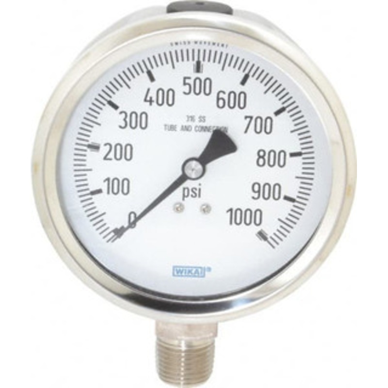 WIKA 4 Dial, 1/2 Thread, 0-1,000 Scale Range, Pressure Gauge Lower Connection Mount, Accurate to 1% of Scale 9768858 – 56452915