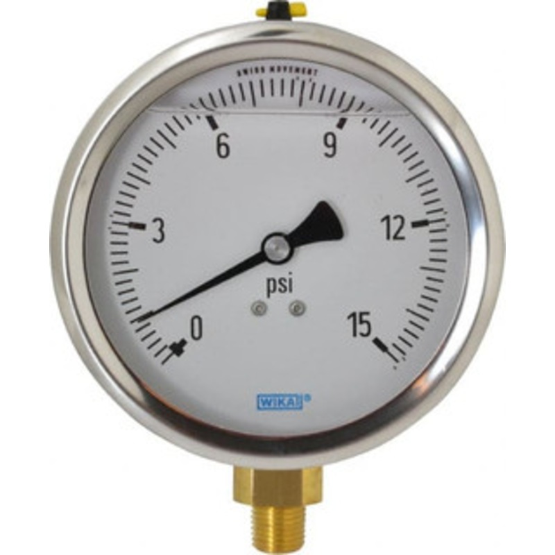 WIKA 4 Dial, 1/4 Thread, 0-15 Scale Range, Pressure Gauge Lower Connection Mount, Accurate to 1% of Scale 9699095 – 56453970
