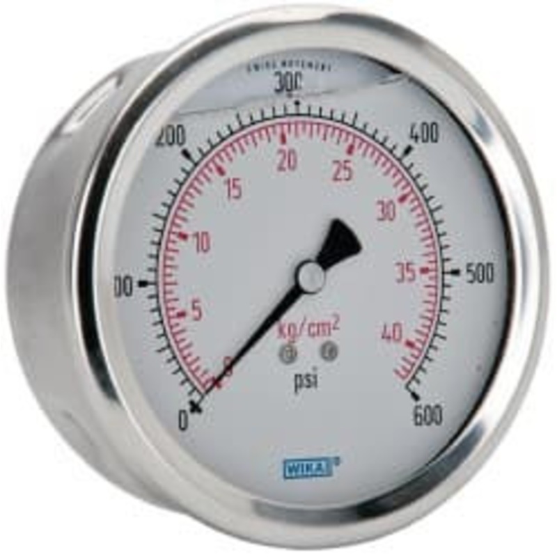 WIKA 4 Dial, 1/4 Thread, 0-600 Scale Range, Pressure Gauge Lower Back Connection Mount, Accurate to 1% of Scale 9694302 – 56454283
