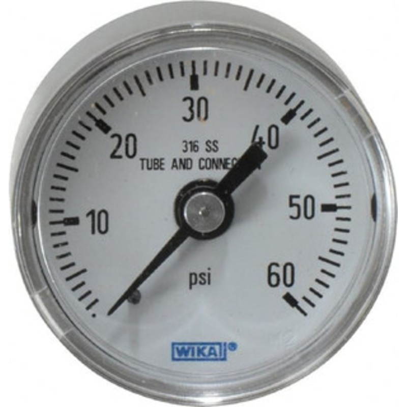 WIKA 1-1/2 Dial, 1/8 Thread, 0-60 Scale Range, Pressure Gauge Center Back Connection Mount, Accurate to 2.5% of Scale 9118101 – 56451511