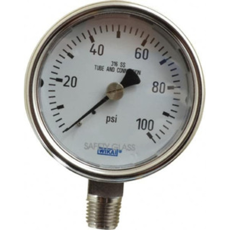 WIKA 2-1/2 Dial, 1/4 Thread, 0-100 Scale Range, Pressure Gauge Lower Connection Mount, Accurate to 2-1-2% of Scale 9744924 – 99321820