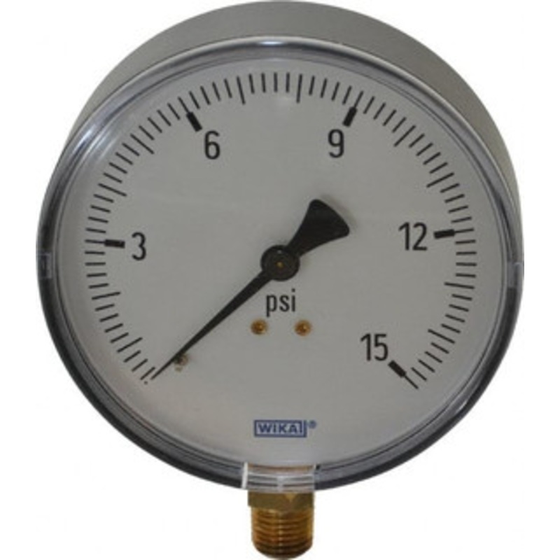 WIKA 4 Dial, 1/4 Thread, 0-15 Scale Range, Pressure Gauge Lower Connection Mount, Accurate to 3-2-3% of Scale 4255977 – 63146559